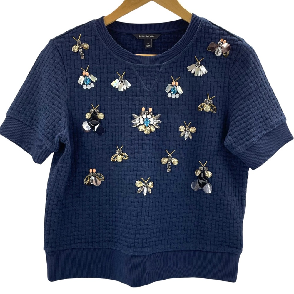 Banana Republic Thick Navy Embellished 100% Cotton Short Sleeve Sweater Top